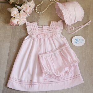 Pink Dress Bonnet Bloomer Set Flutter Sleeves Heirloom Details Boutique NWT